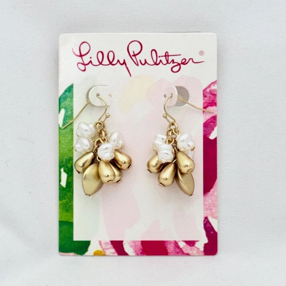 Lilly Pulitzer Faux Pearl/Gold Tone Dangle Earrings - New on Card